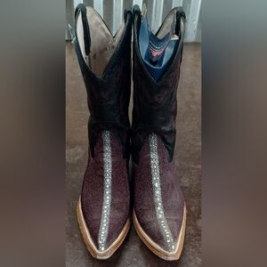 Men's Black and Burgundy Cowboy Boots with Silver Inlay